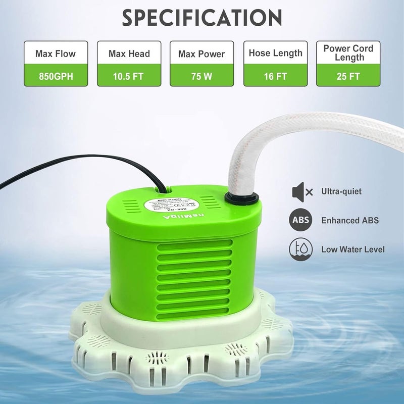 AgiiMan Pool Cover Pump Above Ground - 850 GPH Submersible Water Pump for Pool Draining, Portable Small Sump Pumps with 16' Drainage Hose and 25' Power Cord, 3 Adapters, Green - Image 3